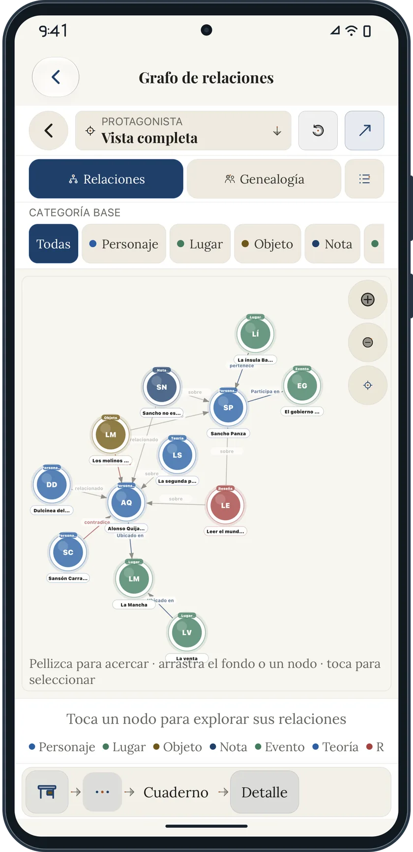 Bookgeist relationship graph connecting characters and places in a generic Android phone