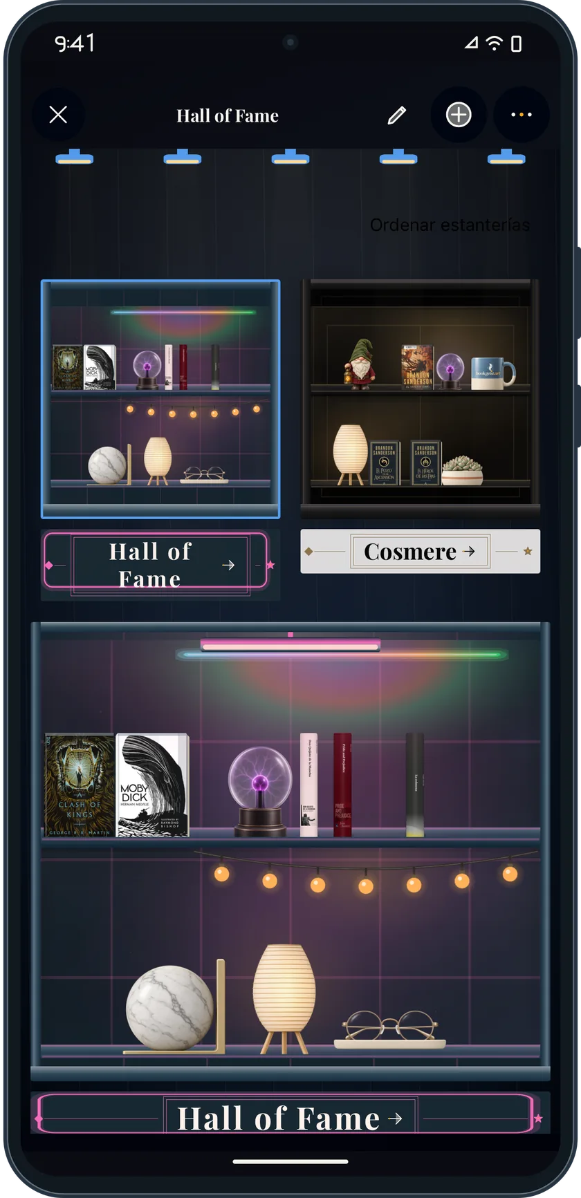 Bookgeist Hall of Fame with illuminated bookshelves in a generic Android phone
