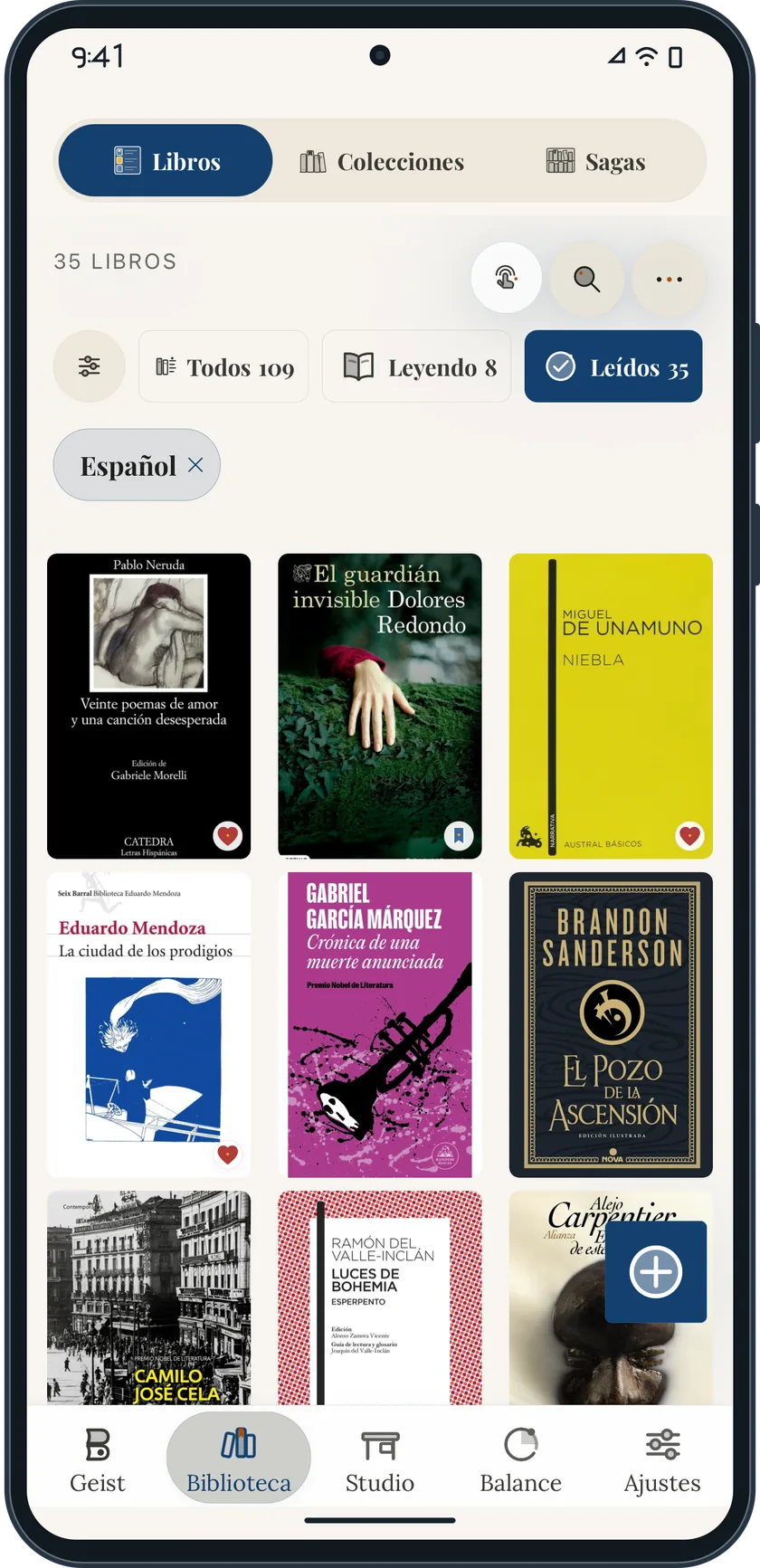 Bookgeist library with book covers and reading filters in a generic Android phone
