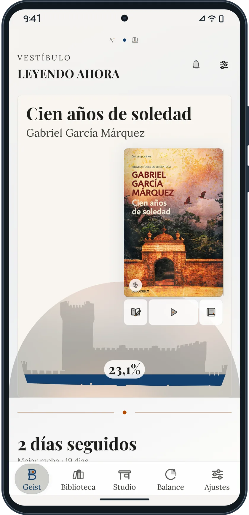 Bookgeist reading dashboard showing One Hundred Years of Solitude, reading progress and a reading streak, inside a generic Android phone