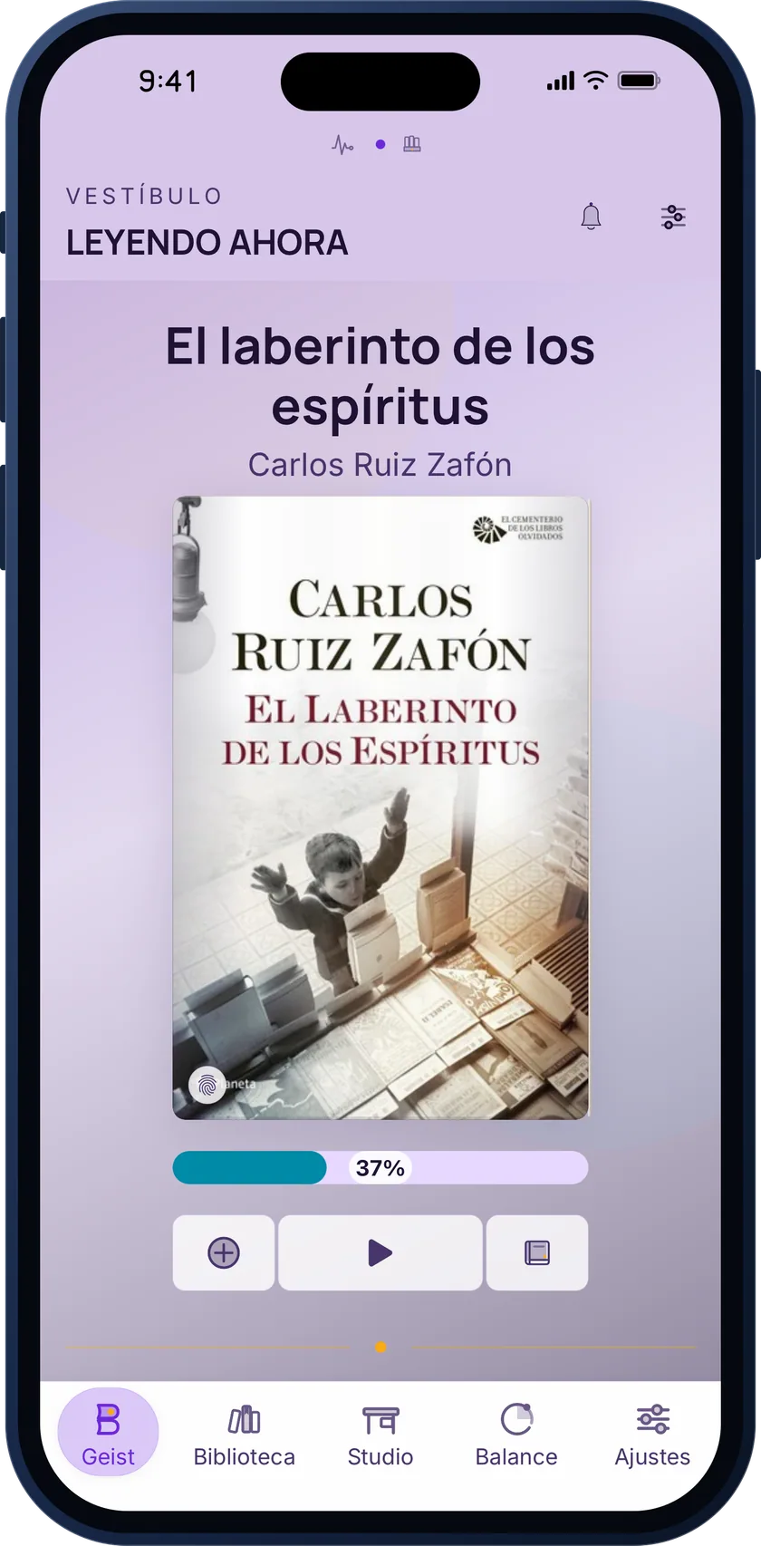 Inicio de Bookgeist con el libro que estás leyendo, su portada, un 37 % de progreso y el botón para iniciar una sesión
