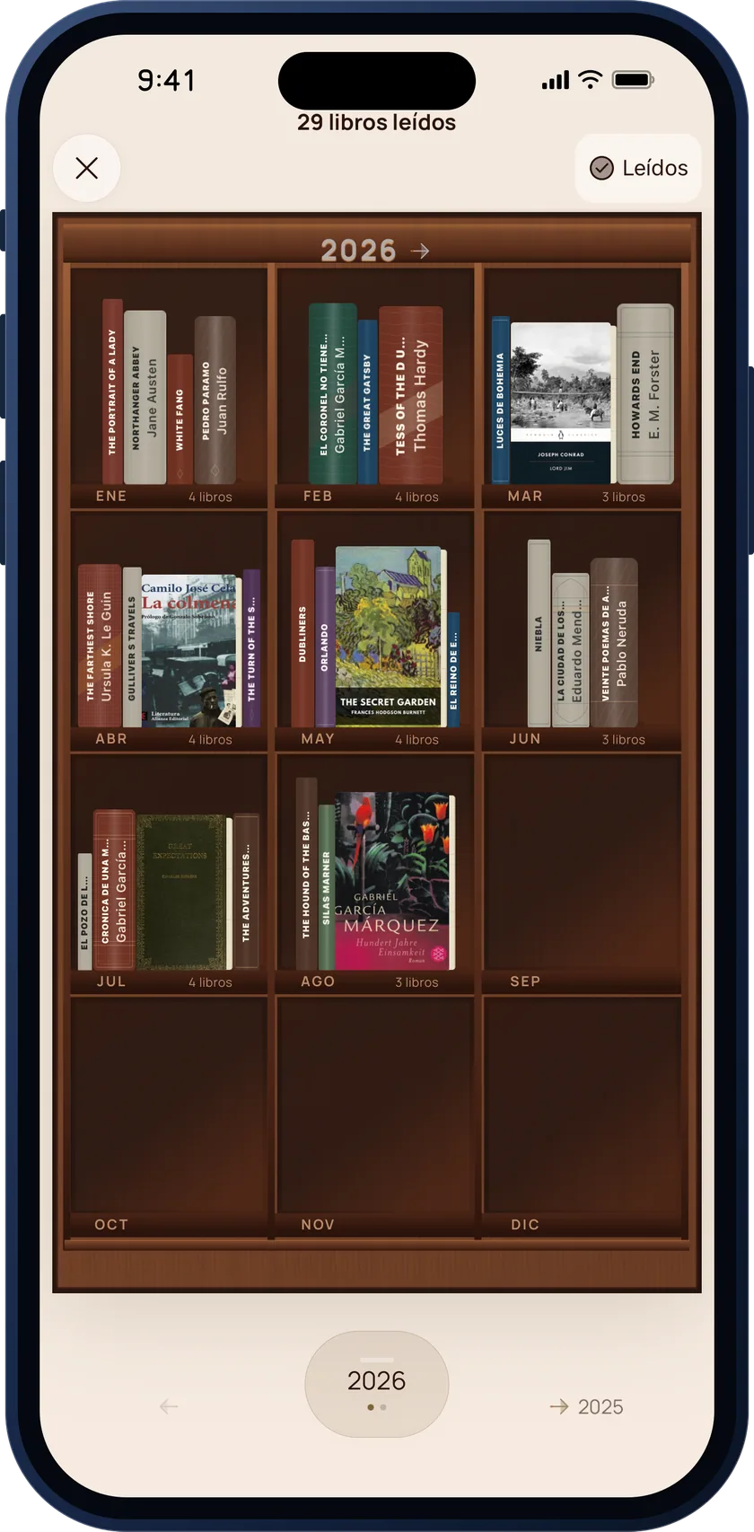 Estantería anual de Bookgeist con los 29 libros leídos en 2026 ordenados por mes