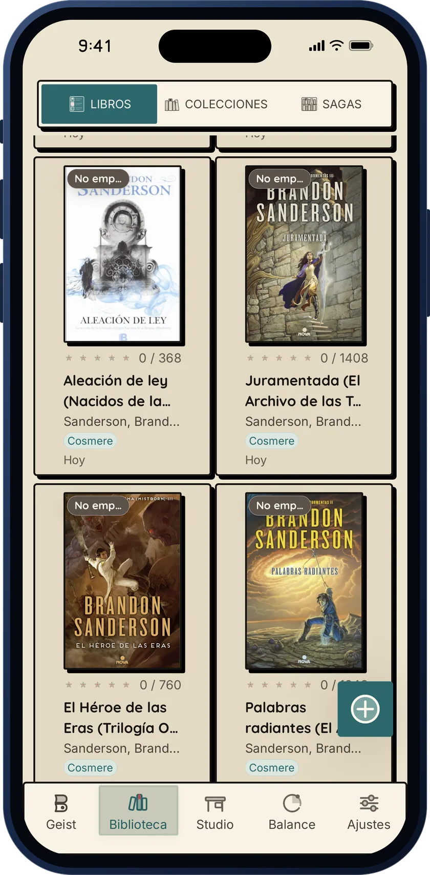 Bookgeist Library with illustrated book cards, page counts and reading progress