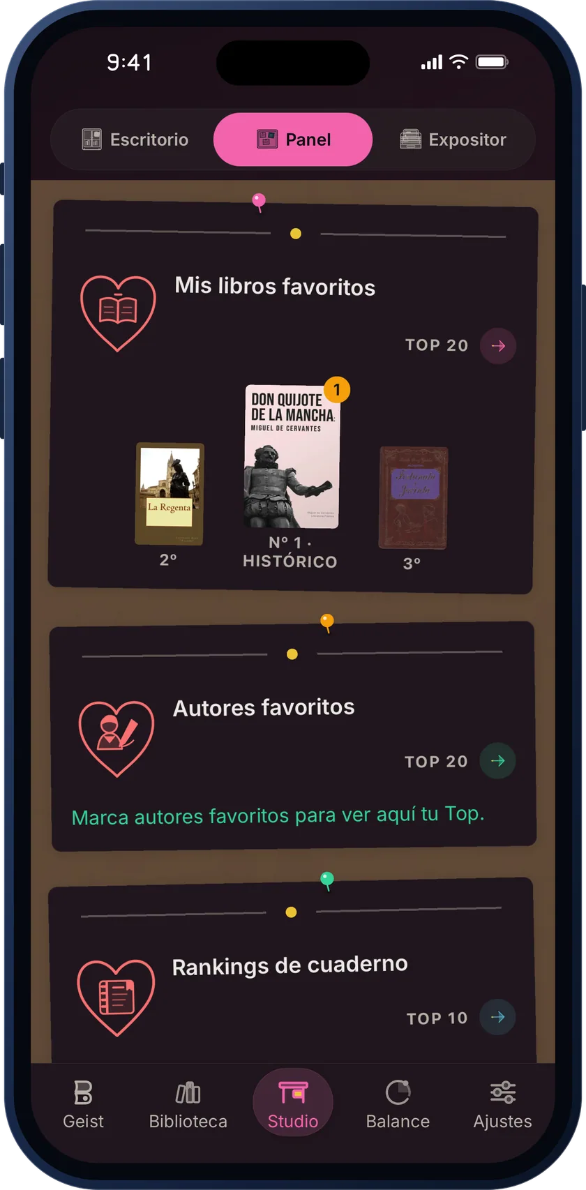 Bookgeist Studio Panel showing favourite books, favourite authors and notebook rankings