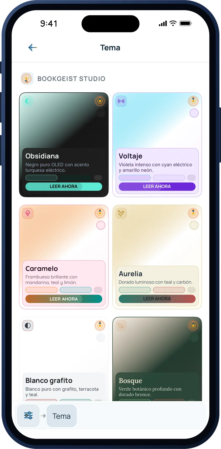 Bookgeist Studio theme gallery: Obsidian, Voltage, Caramel, Aurelia, Graphite white and Forest
